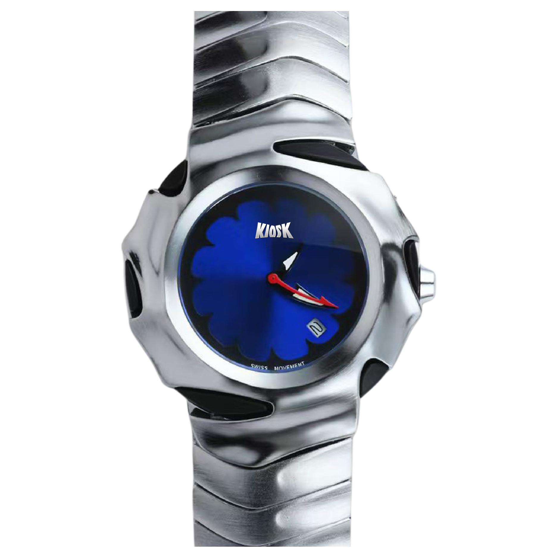 

KIOSK Часы Silver Luxury American Fossil Quartz Movement Stainless Steel Watchband Watch Unisex Blue Dial, Dark Blue with Sterling Silver Cuban Bracelet+Urban Techwear Watch Box