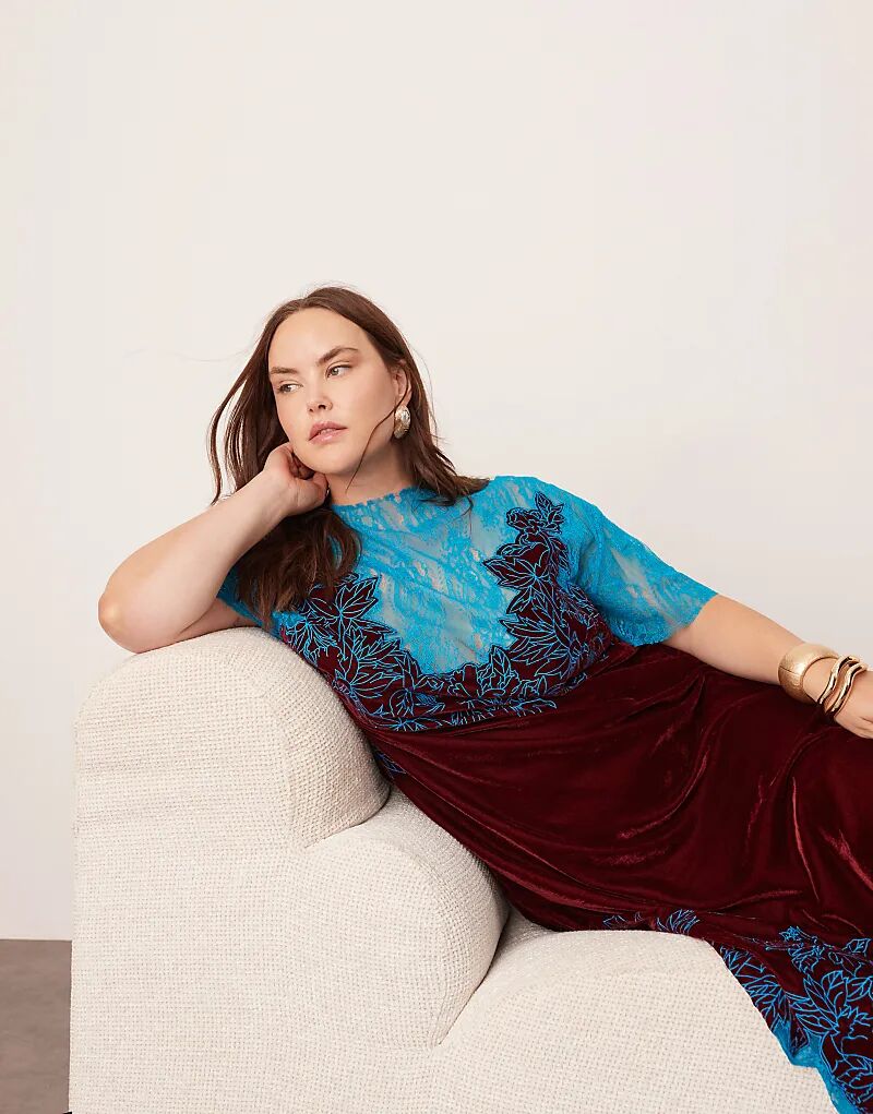 

Платье-миди прямого кроя из бархата ASOS EDITION Curve бордового цвета с кружевной аппликацией и вышивкой