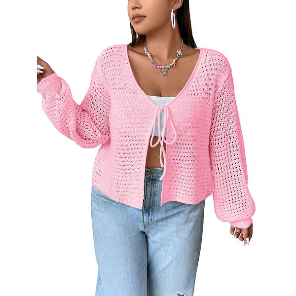 

Женский кардиган плюс сайз с ажурной вязкой и завязкой спереди Maxxis Merch, Pink