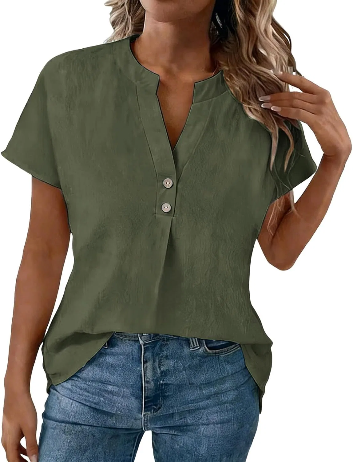 Женская блуза с V-образным вырезом, коротким рукавом, Linen Henley, Army Green