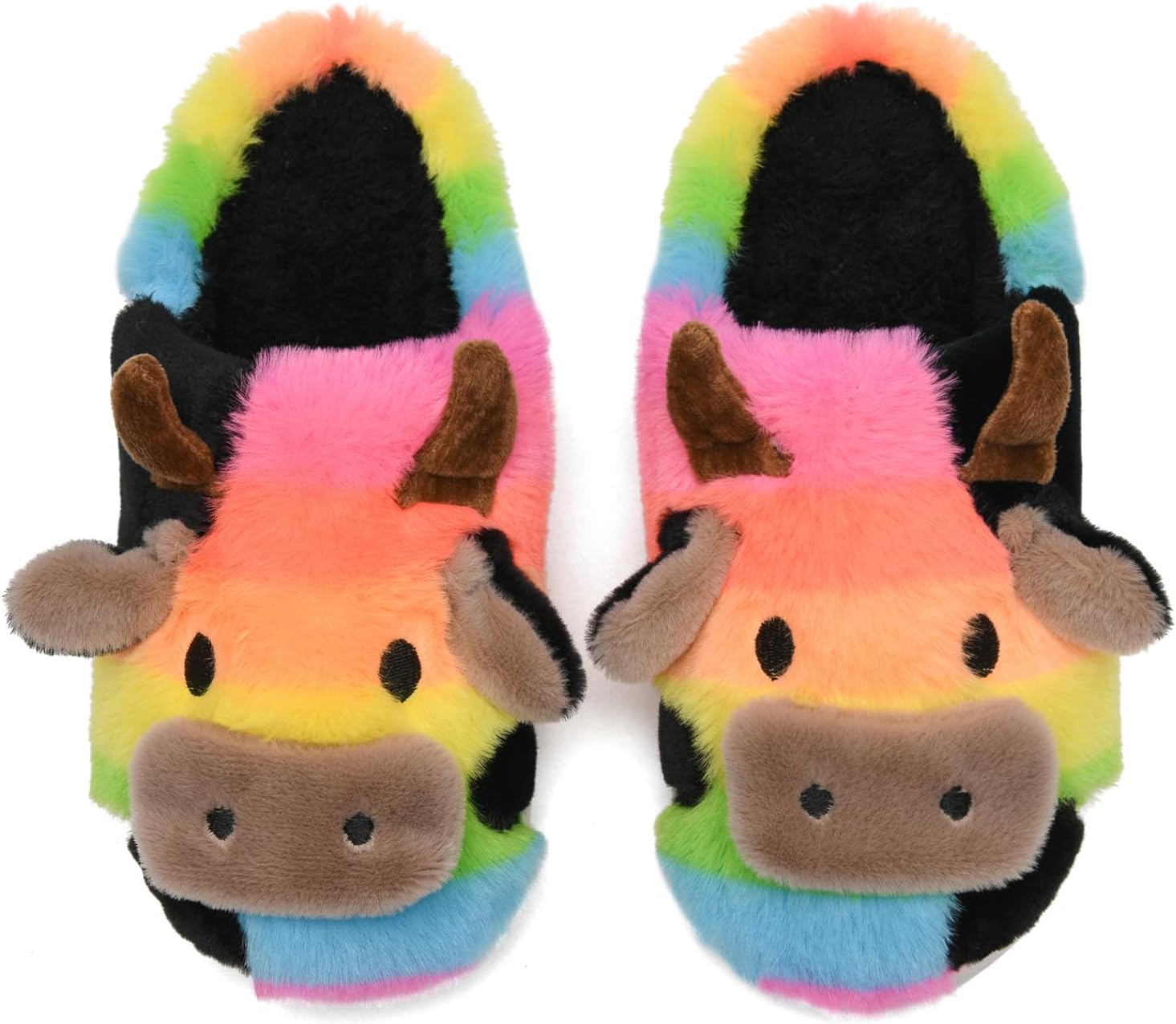 Домашние тапочки Sharllen Fuzzy Cow для детей, милые пушистые тапочки в виде коровы, детская обувь для девочек и мальчиков, мультяшные тапочки для дома, для использования внутри и на улице, Rainbow — фото 3