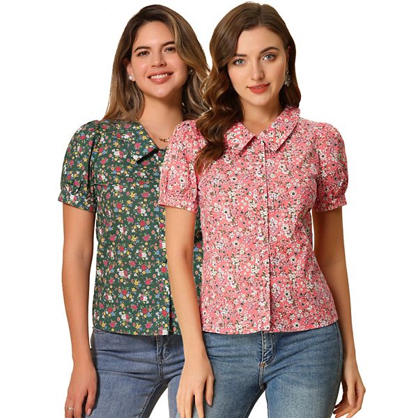 

2 упаковки женской блузки с коротким рукавом, отложным воротником и цветочным принтом Inspire Chic, Pink Army Green