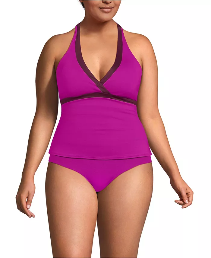 

Топ-танкини с V-образным вырезом и бретелями на шее Plus Size Lands' End, розовый