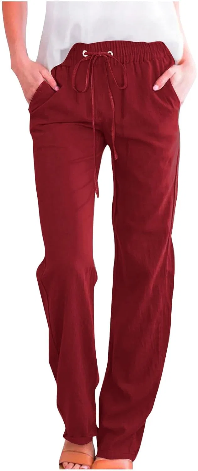 Женские брюки прямого кроя Cotton Linen с карманами, Red