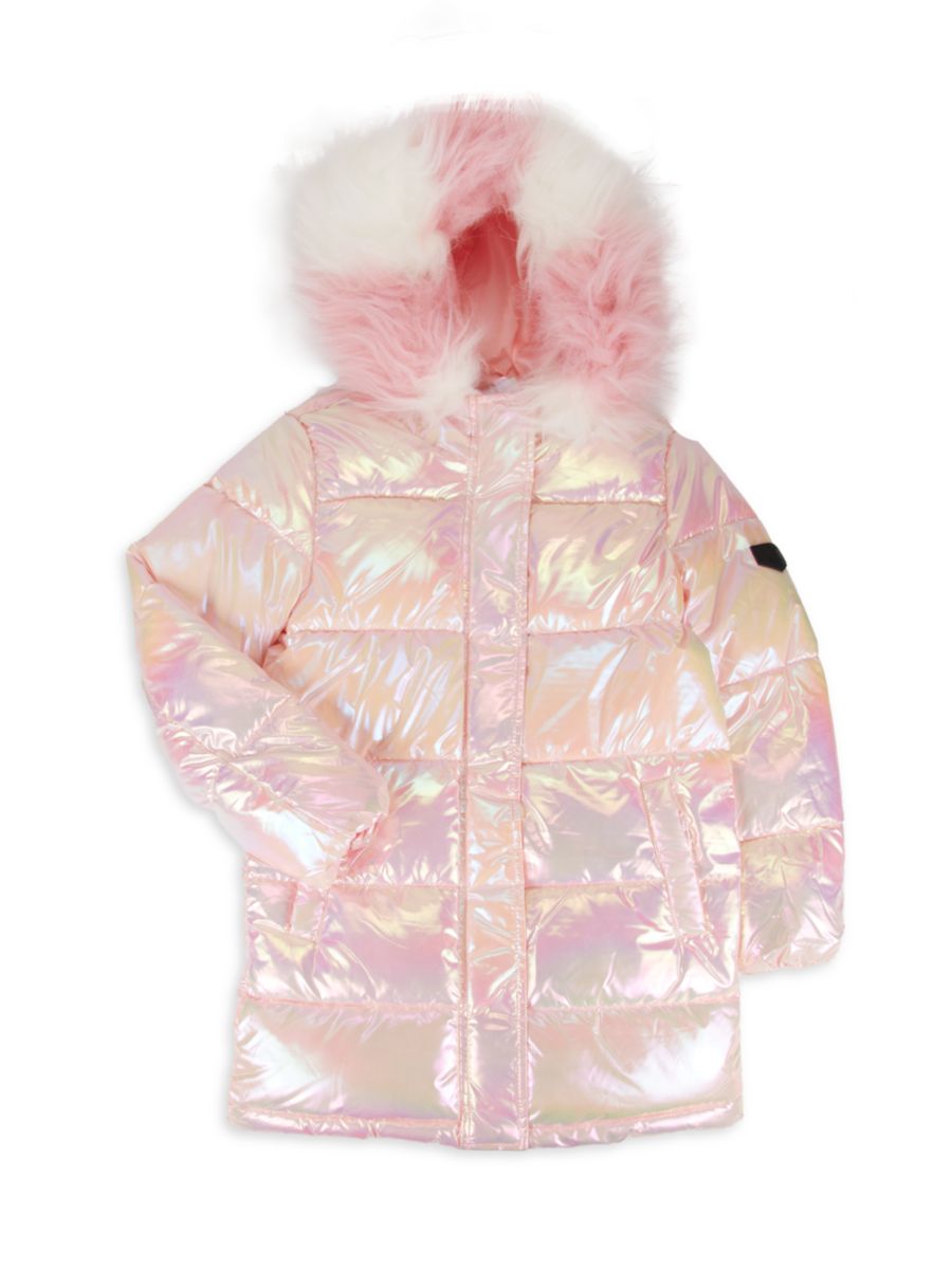 

Стеганая куртка с капюшоном из искусственного меха для девочек с переливающимся принтом Sam Edelman, розовый