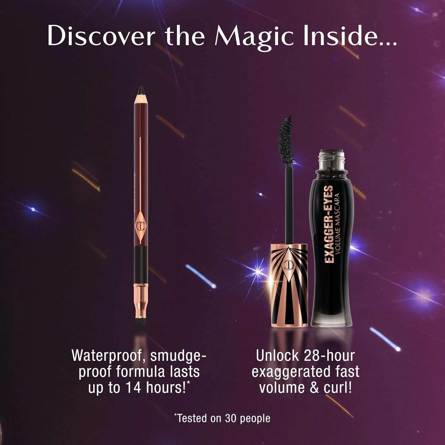Charlotte Tilbury Exagger-Eyes Instant Volume Mascara - тушь для объема и удлинения ресниц, без комочков, стойкость 28 часов без размазывания и осыпания, Black, Spotlight, Icon Baby, Hall of Fame — фото 2