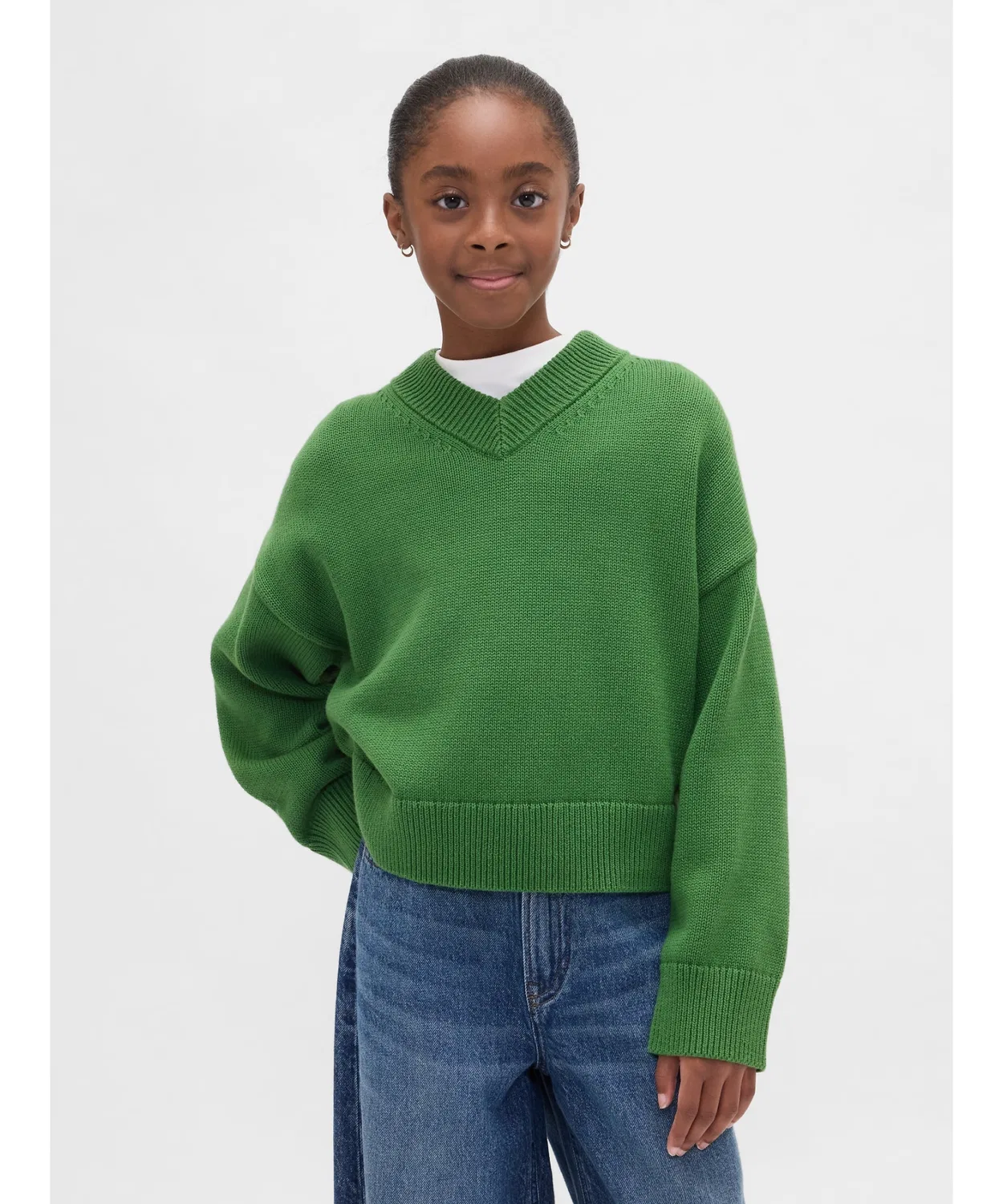 Свитер V-образным вырезом Gap Kids хлопковый оверсайз зеленый