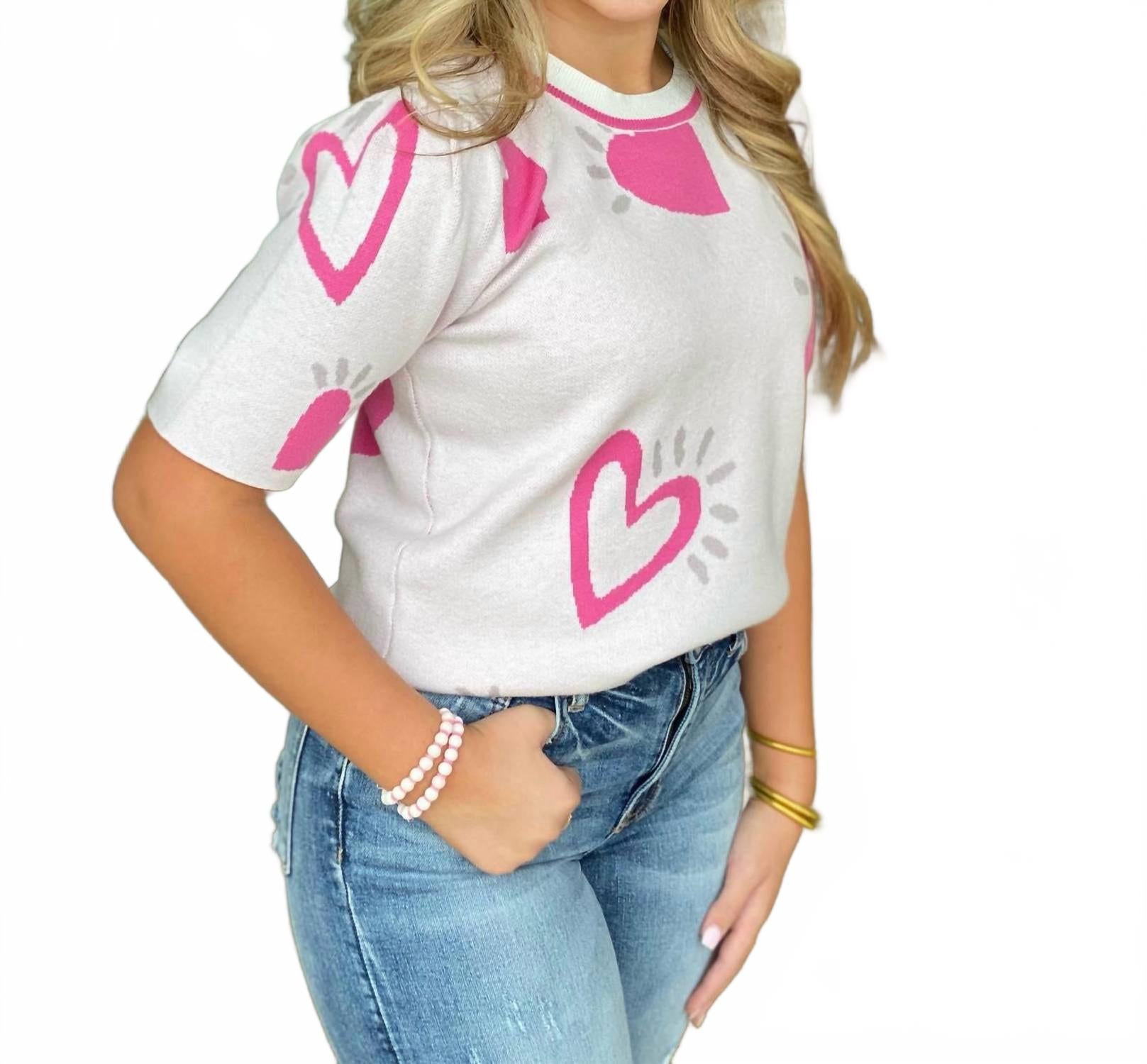 

Розовый свитер с короткими рукавами и сердечками Fate, розовый