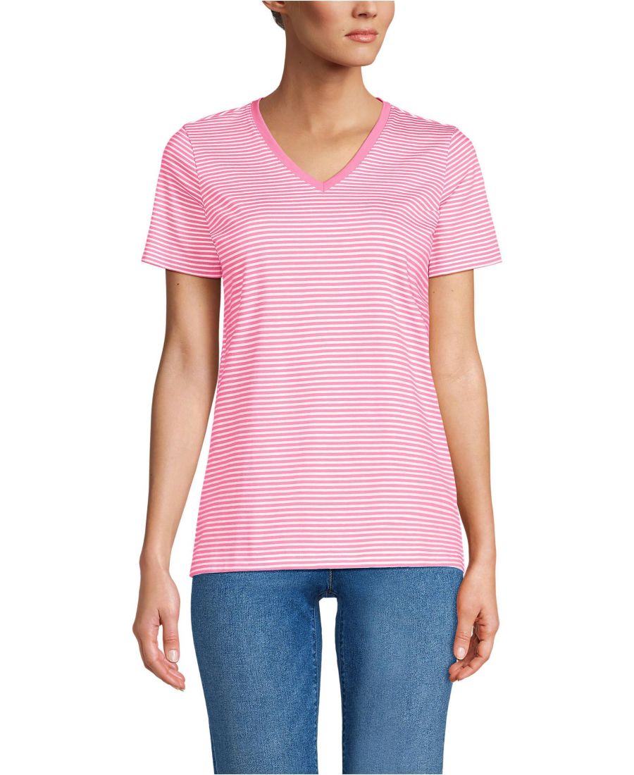 

Женская футболка с V-образным вырезом из хлопка Supima свободного кроя, для невысоких женщин Lands' End, Apple blossom micro stripe