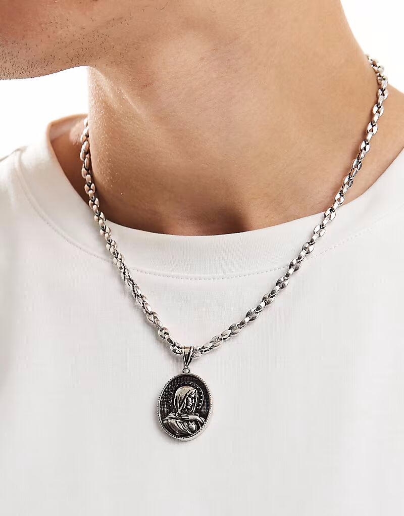 

Фестивальное ожерелье с массивным медальоном «Мэри» из серебра Asos Design