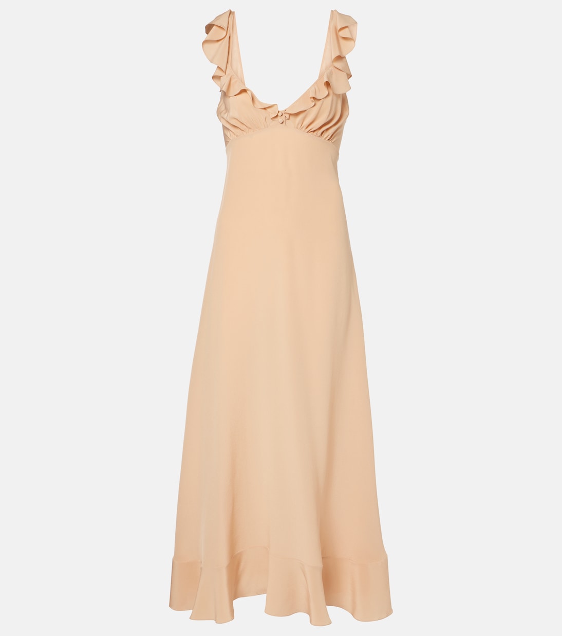 

Платье макси из шелкового крепдешина с рюшами Chloé, Sand Brown