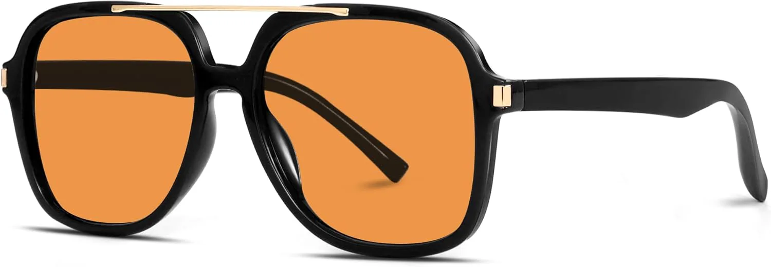 

Ретро-солнцезащитные очки-авиаторы для женщин и мужчин, модель 2026, с квадратной верхней перекладиной, легкие, в стиле 70-х GUVIVI, Black Frame - Orange Lens