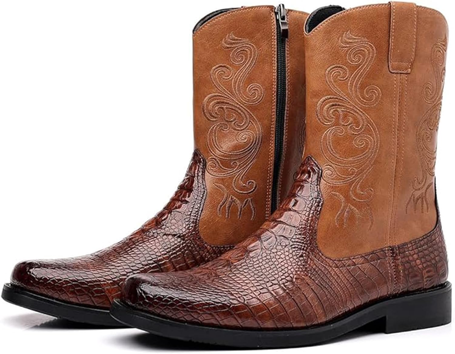Мужские сапоги Crocodile Western с боковой молнией, средней высоты, квадратный носок, кожа Xinduoyu, коричневый — фото 4