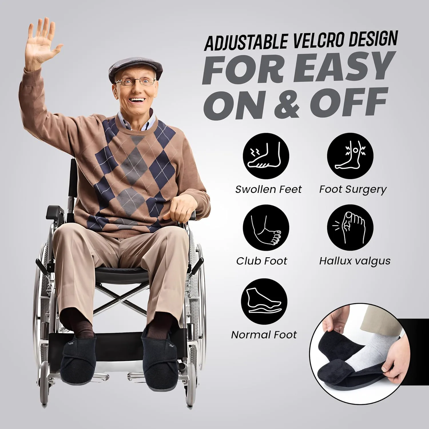 

Мужские домашние ортопедические тапочки для диабетиков, сверхширокого размера, с памятью формы, регулировкой и мягкой противоскользящей подошвой, для пожилых людей с отеками ног, артритом, отеками Happy Touch, черный