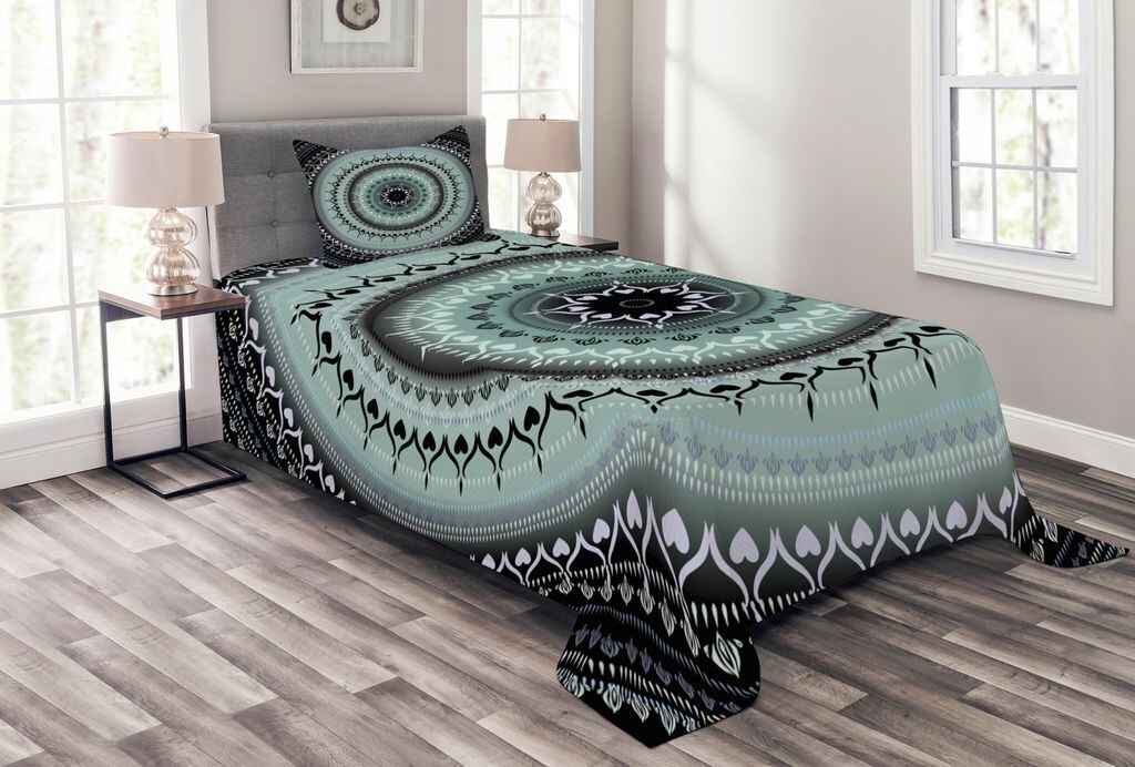 

ABAKUHAUS Комплект покрывала Mandala, винтажные круги Mandala, комплект с моющимися наволочками, для односпальных кроватей 170 x 220 см, синий черный