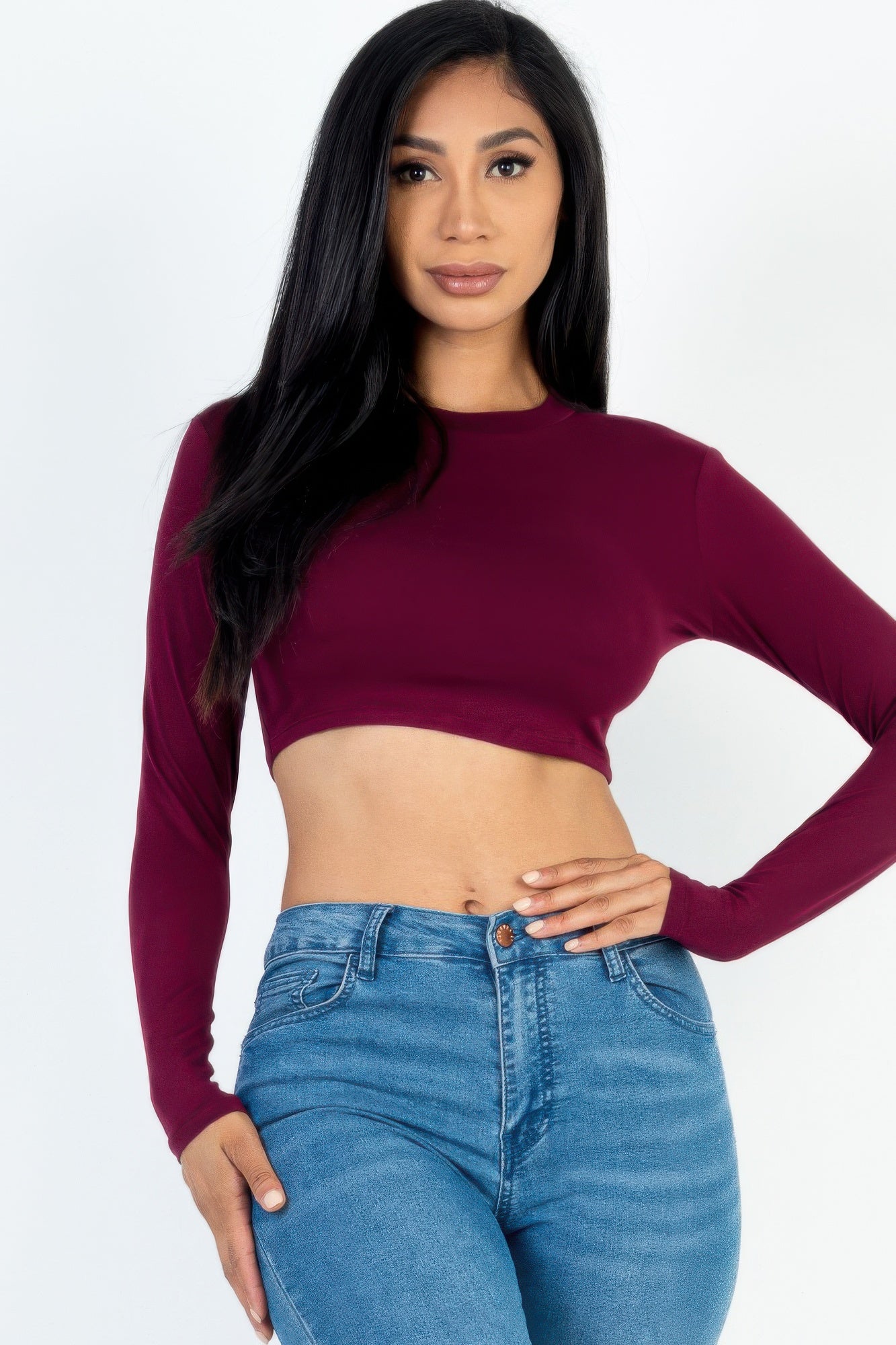 

FASHNZFAB Женский укороченный топ с круглым вырезом и длинными рукавами, цвет burgundy