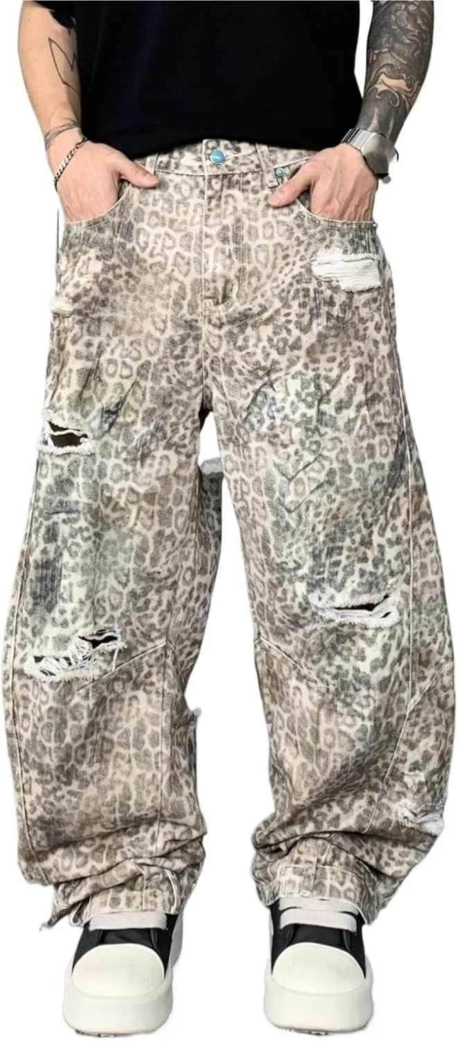 Generic Джинсы Leopard Cheetah Print Bucket в стиле Y2K, широкие, свободные, boyfriend, средней посадки, состаренный деним для женщин и мужчин