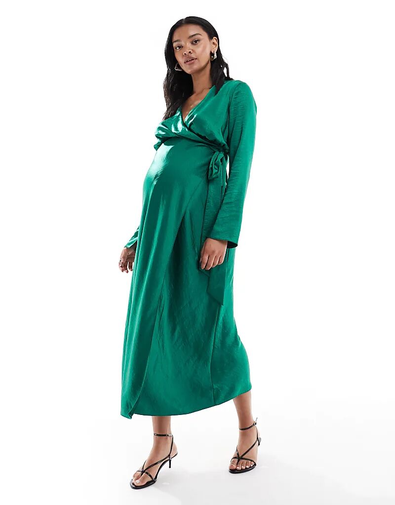 

Платье мидакси из атласа ASOS DESIGN для беременных с длинными рукавами и запахом изумрудно-зеленого цвета