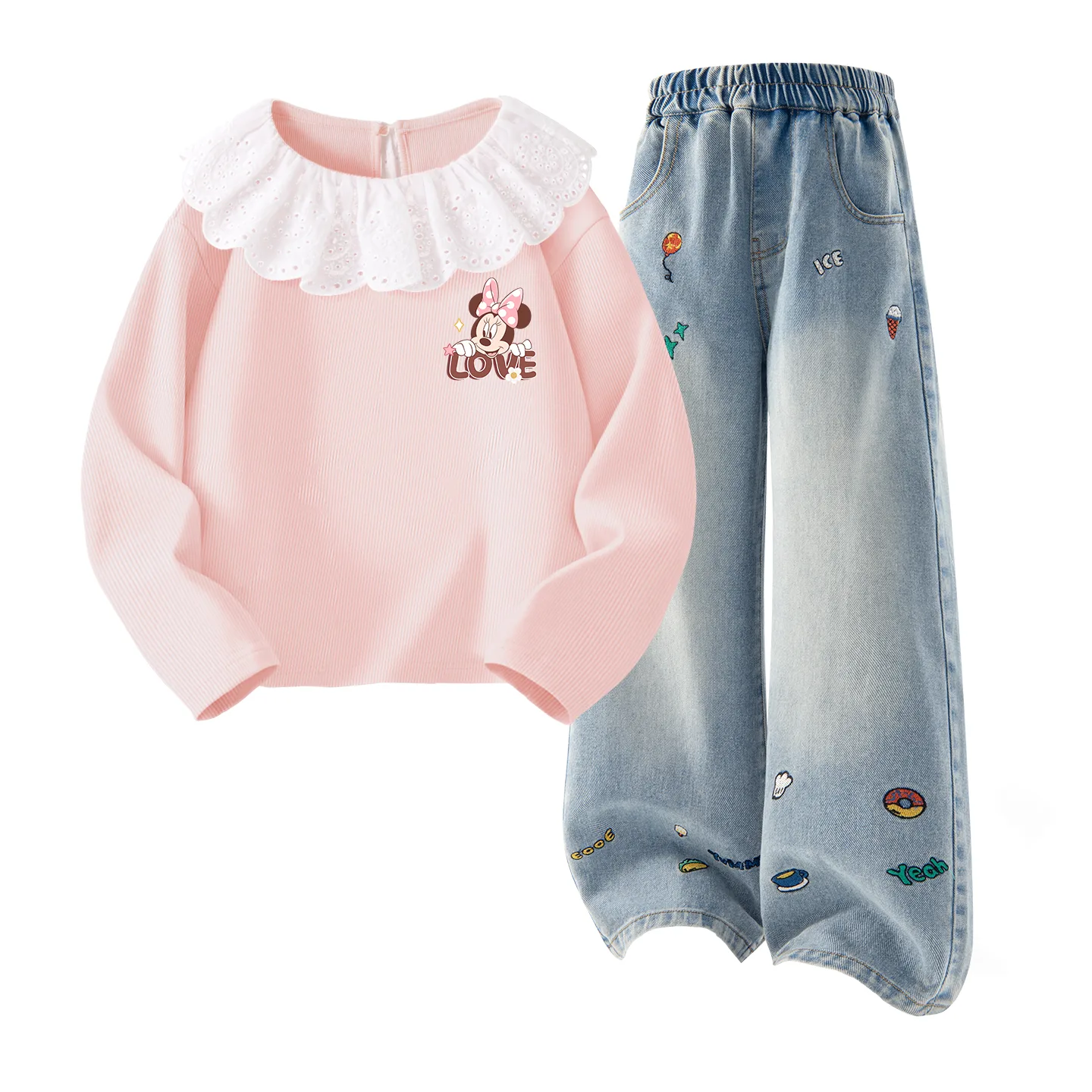 Детская повседневная спортивная одежда с лацканом Disney, Di Warm Flower K Baby Pink+Solid Color Denim Blue