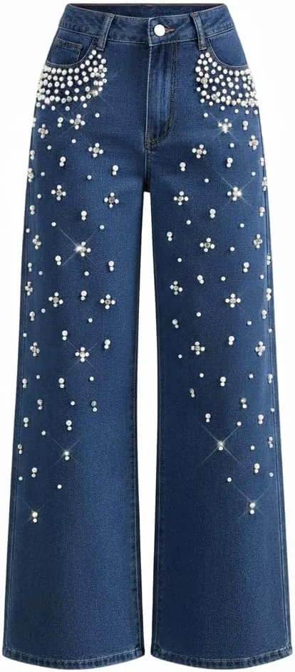 

FUNSEED джинсы для женщин Mid Waisted Straight Wide Leg с жемчужными стразами