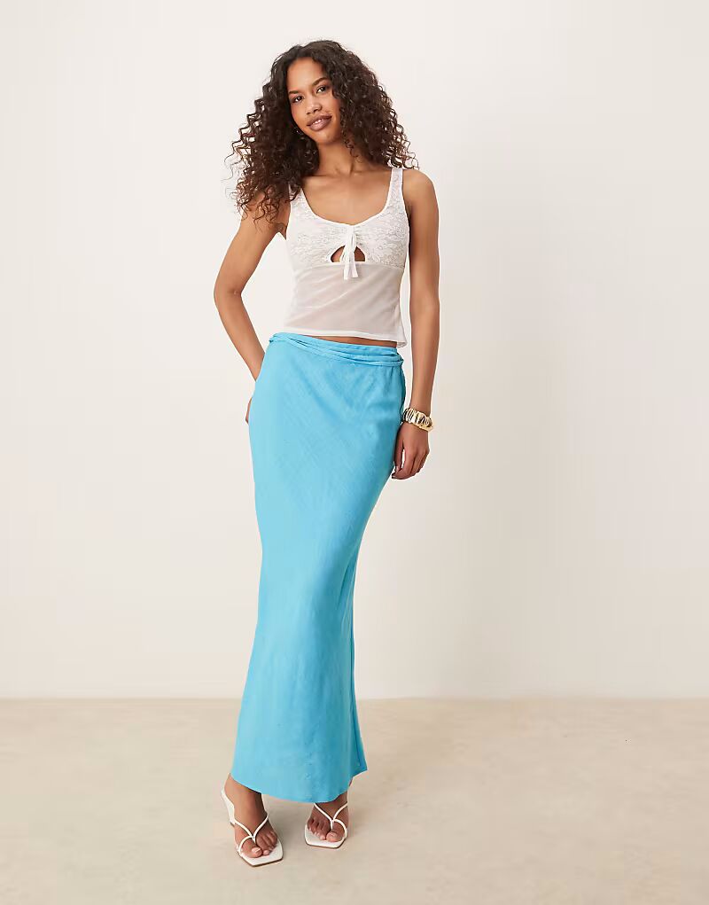 

Длинная юбка ASOS DESIGN из льняной смеси, косая, синего цвета