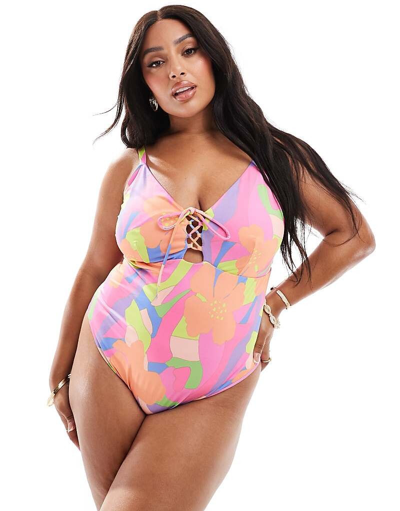 

Купальник на шнуровке с абстрактным цветочным принтом ASOS DESIGN Curve