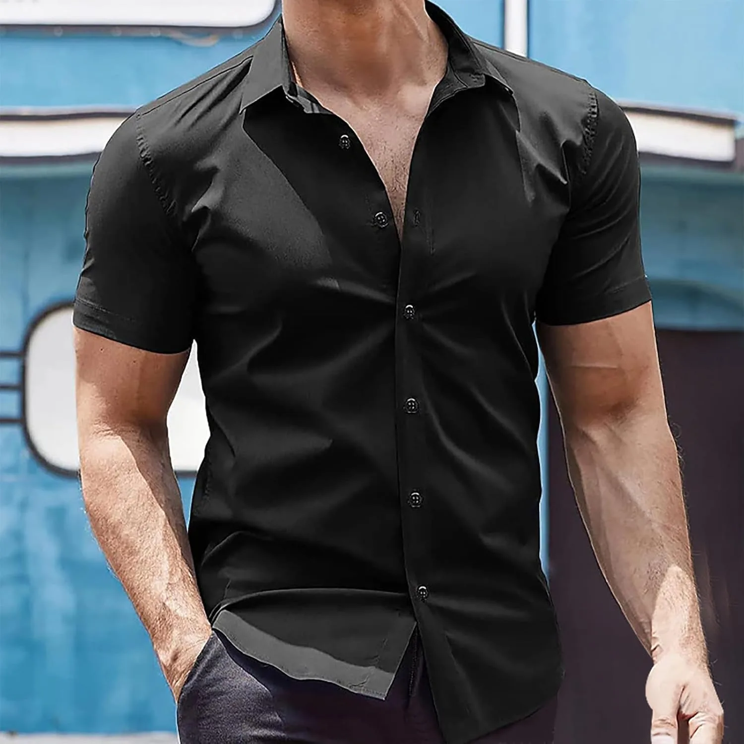 Мужская модная рубашка с коротким рукавом и лацканами Slim Fit — фото 2