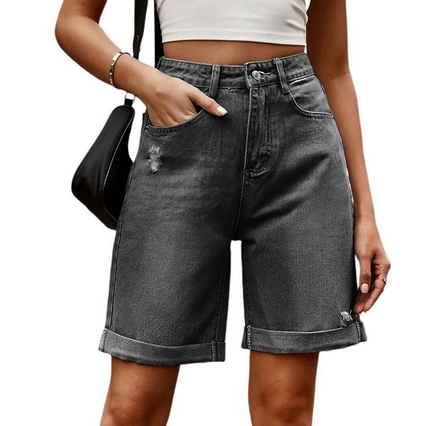 

Женские бермуды high waisted с манжетами, свободные джинсовые шорты jorts Yesfashion, Black