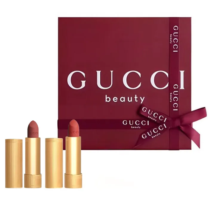 GUCCI Помада-стик Pleuche Golden Tube в подарочной коробке, бархатно-матовое покрытие, легко наносится, Velvet Mist #208+Velvet Mist #217
