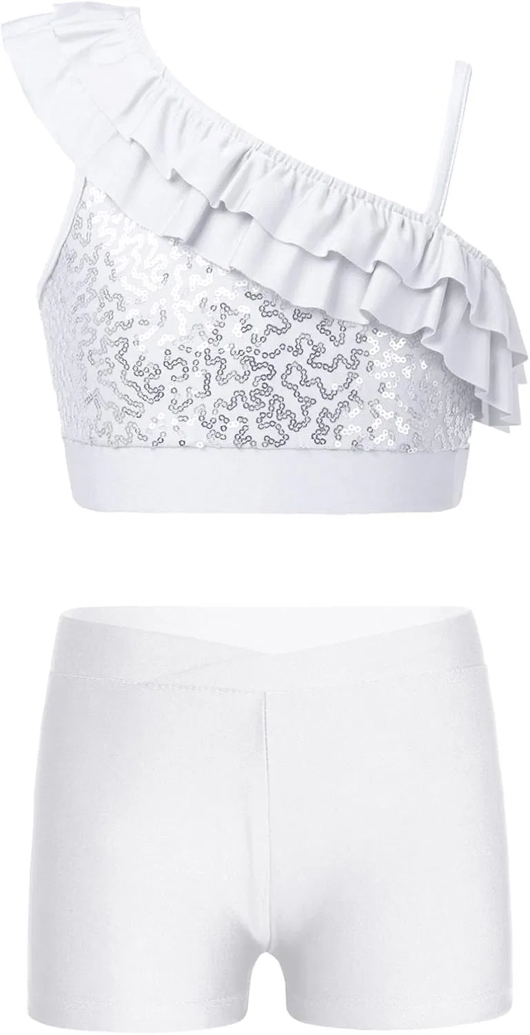 Детский спортивный костюм с пайетками YiZYiF из топа и шорт, White