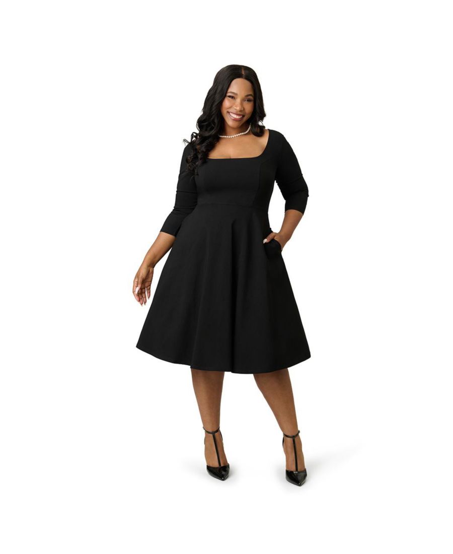 

Платье-трапеция большого размера с квадратным вырезом и складками Unique Vintage, Black