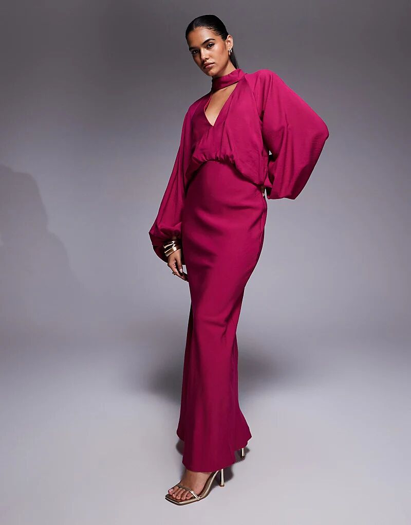 

Платье макси ASOS DESIGN с высоким воротом и рукавами-блузонами малинового цвета