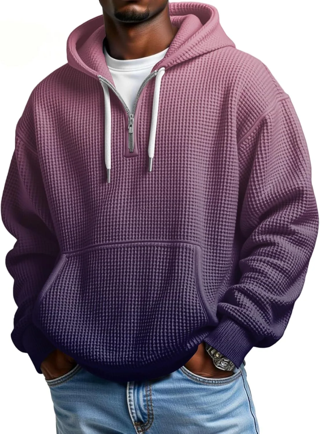 

Толстовка с капюшоном и молнией на четверть, мужская, с длинным рукавом, в рубчик, однотонная, с карманами DJFODJ