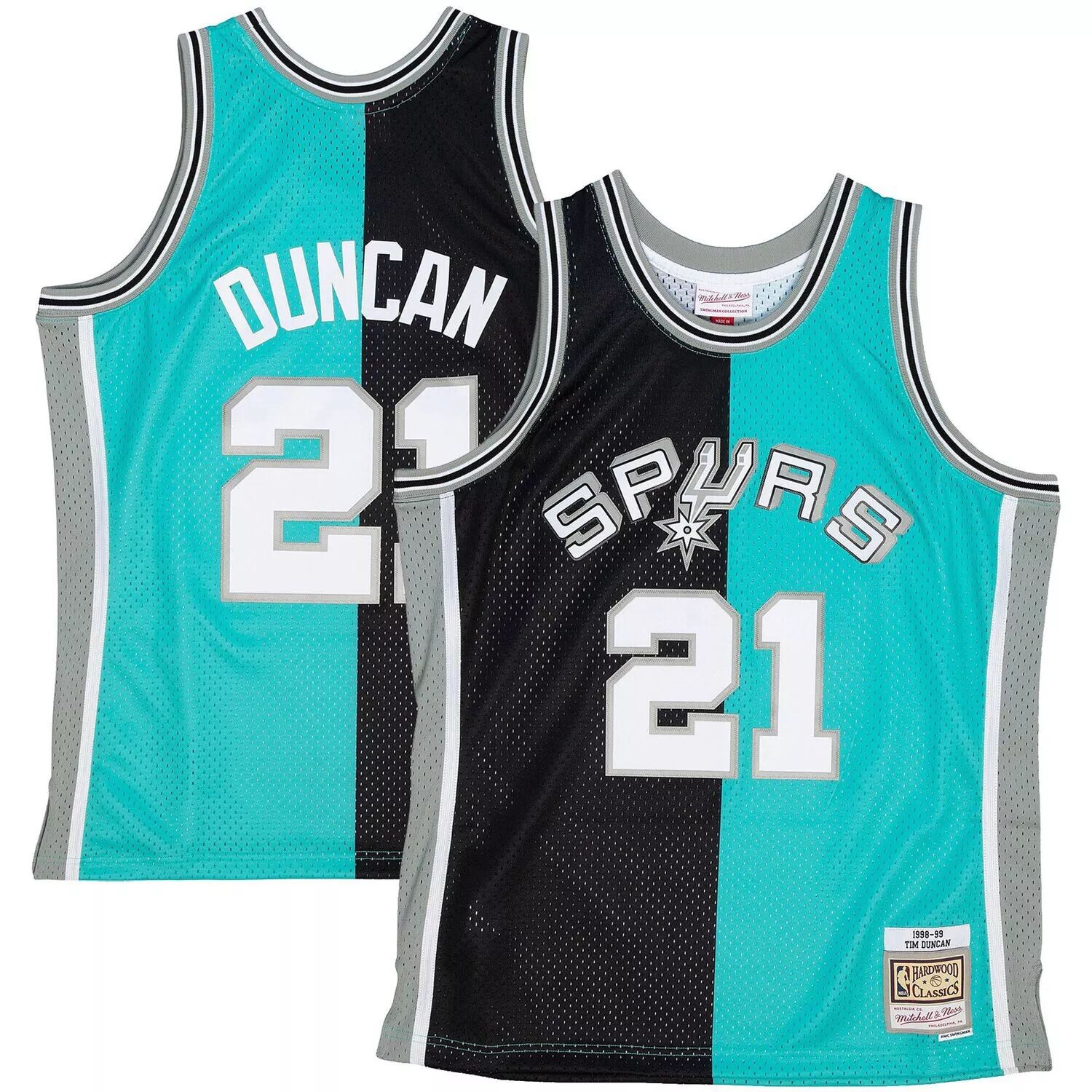 

Мужская майка Mitchell & Ness Tim Duncan черного/бирюзового цвета San Antonio Spurs Big & Tall Hardwood Classics 1998-99 Split Swingman Джерси, Черный, Мужская майка Mitchell & Ness Tim Duncan черного/бирюзового цвета San Antonio Spurs Big & Tall Hardwood