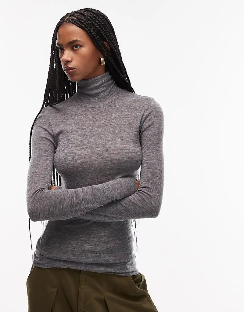 

Вязаный полупрозрачный топ ARKET из мериносовой шерсти с высоким воротом, серый цвет