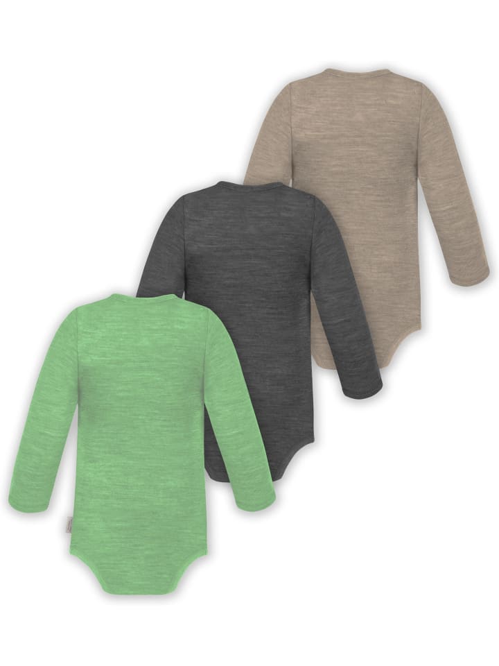 Normani Outdoor Sports Комплект из 3 детских боди с длинными рукавами из мериносовой шерсти, бежевого/антрацитового/зеленого цвета — фото 2