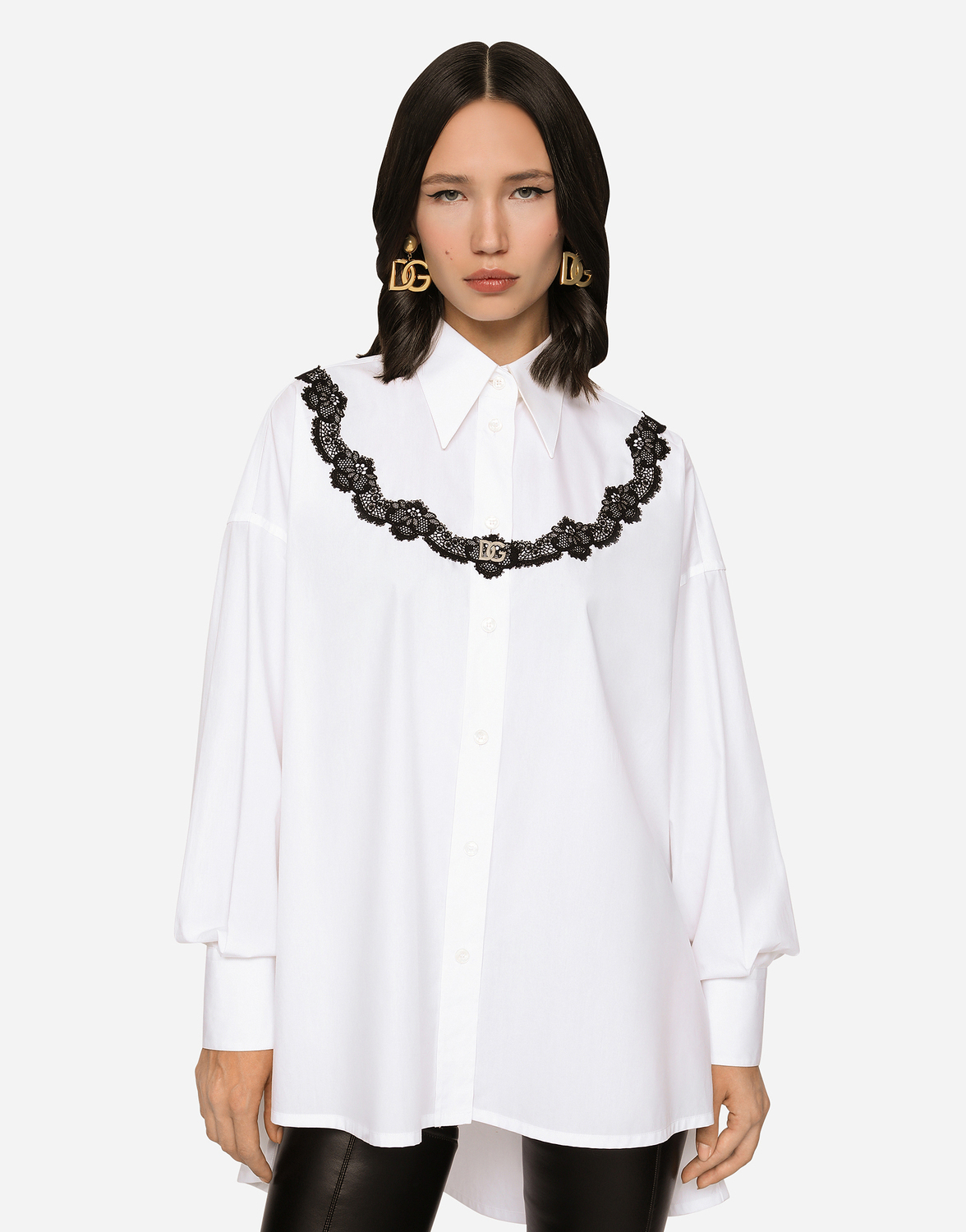 Оversize рубашка из поплина с кружевными вставками Dolce & Gabbana, белый — фото 2