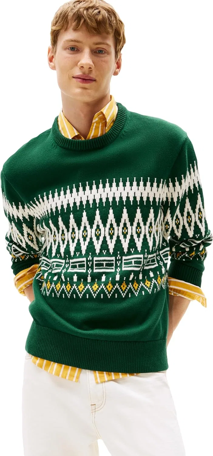 Свитер мужской Tommy Hilfiger Fairisle из хлопка, легкий пуловер, зеленый/слоновая кость