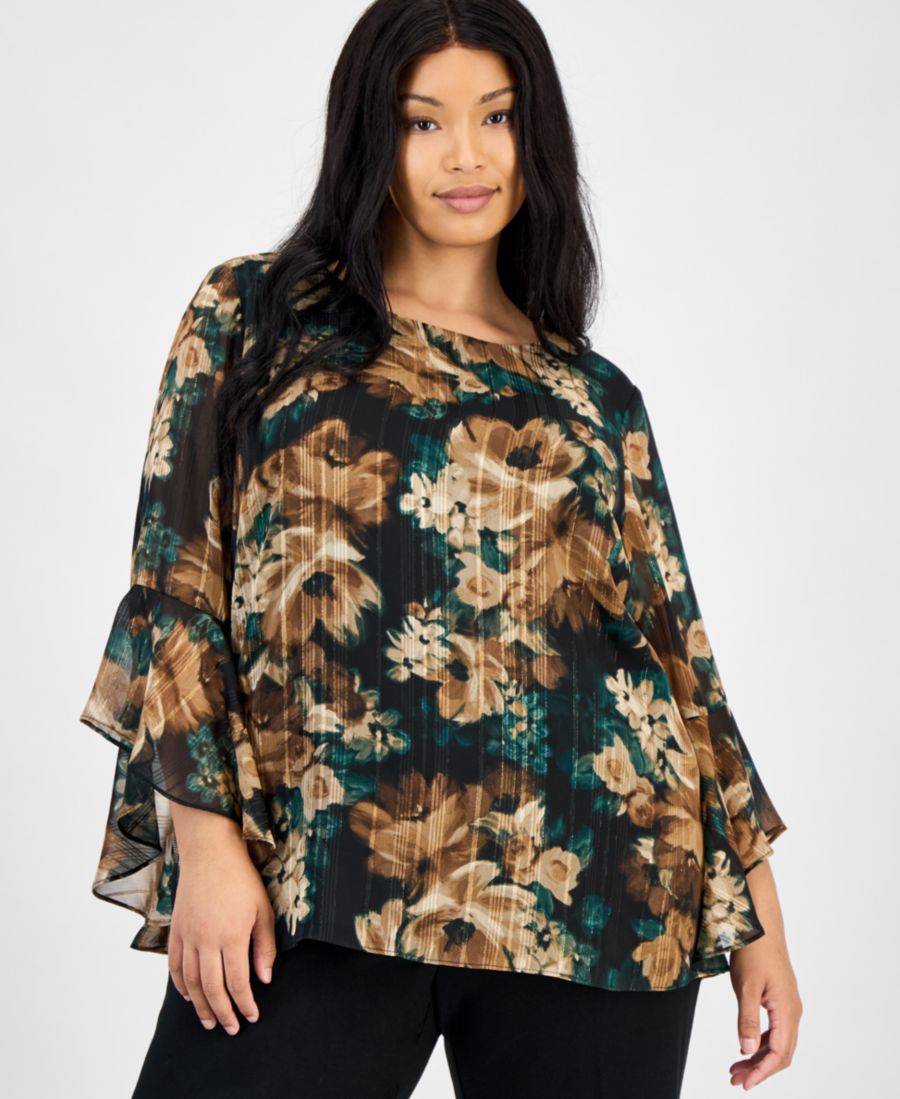 

Блузка больших размеров с принтом и оборками на рукавах Kasper, Evergreen Multi