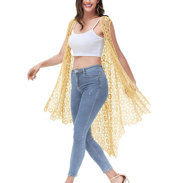 

Женский бохо кардиган без рукавов с кружевом и вязаным узором Anna-Kaci, Yellow