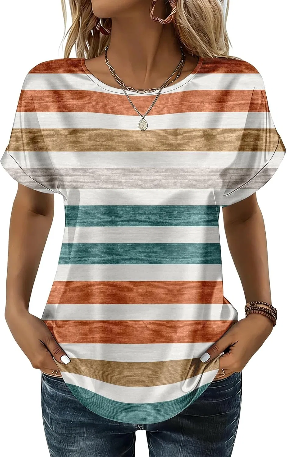 Блуза с коротким рукавом, сатин, Women's Summer Printed Business Tops, 4-ginger