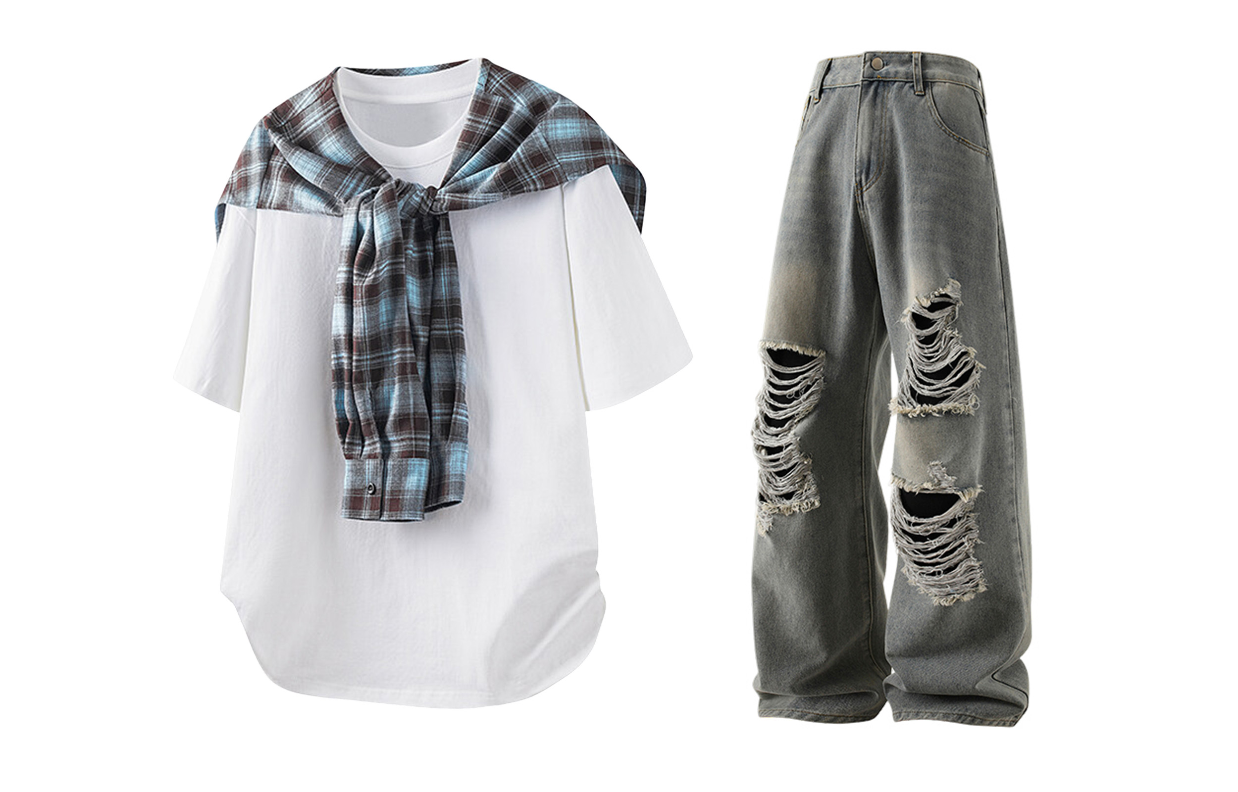 

Повседневный спортивный свитер Unisex с круглой горловиной Moderate X1617, белый short-sleeved shirt+vintage синий ripped jeans