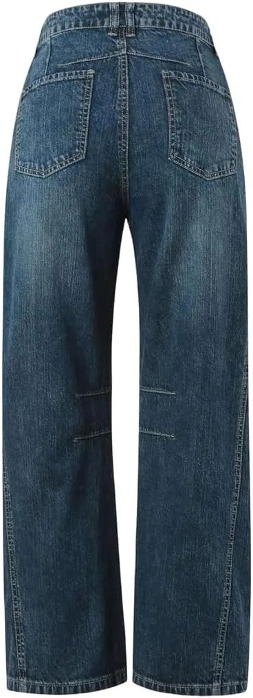 Женские джинсы Mid Rise Barrel, потертые широкие укороченные, свободный крой Boyfriend Fit с карманами Generic, синий — фото 3