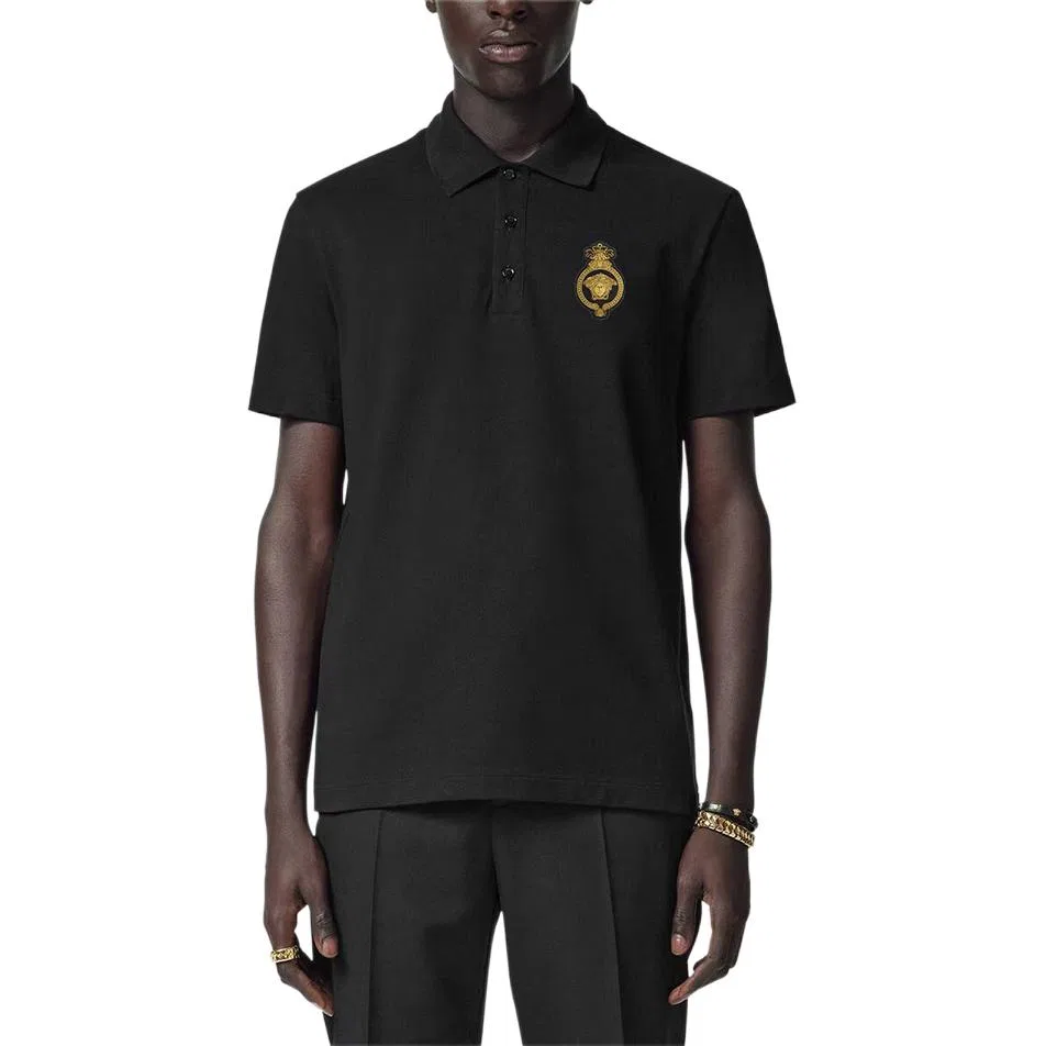 Поло мужское черное с воротником поло прямой средней посадки VERSACE, Black — фото 3