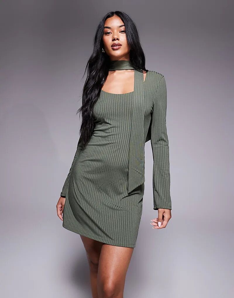 

Мини-платье ASOS DESIGN с круглым вырезом и шарфом цвета хаки