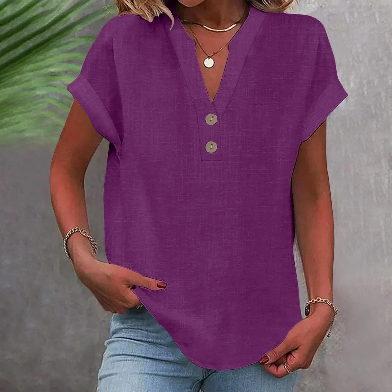 Женская блуза с V-образным вырезом, короткий рукав, Cotton Linen, Purple-b — фото 2