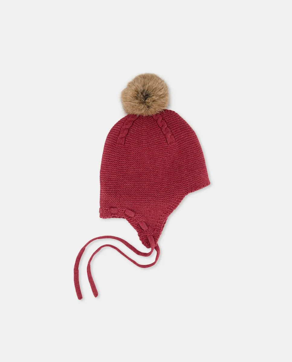 

Шапка вязаная с косами и мехом кролика для младенца Coconut El Corte Inglés, бордовый