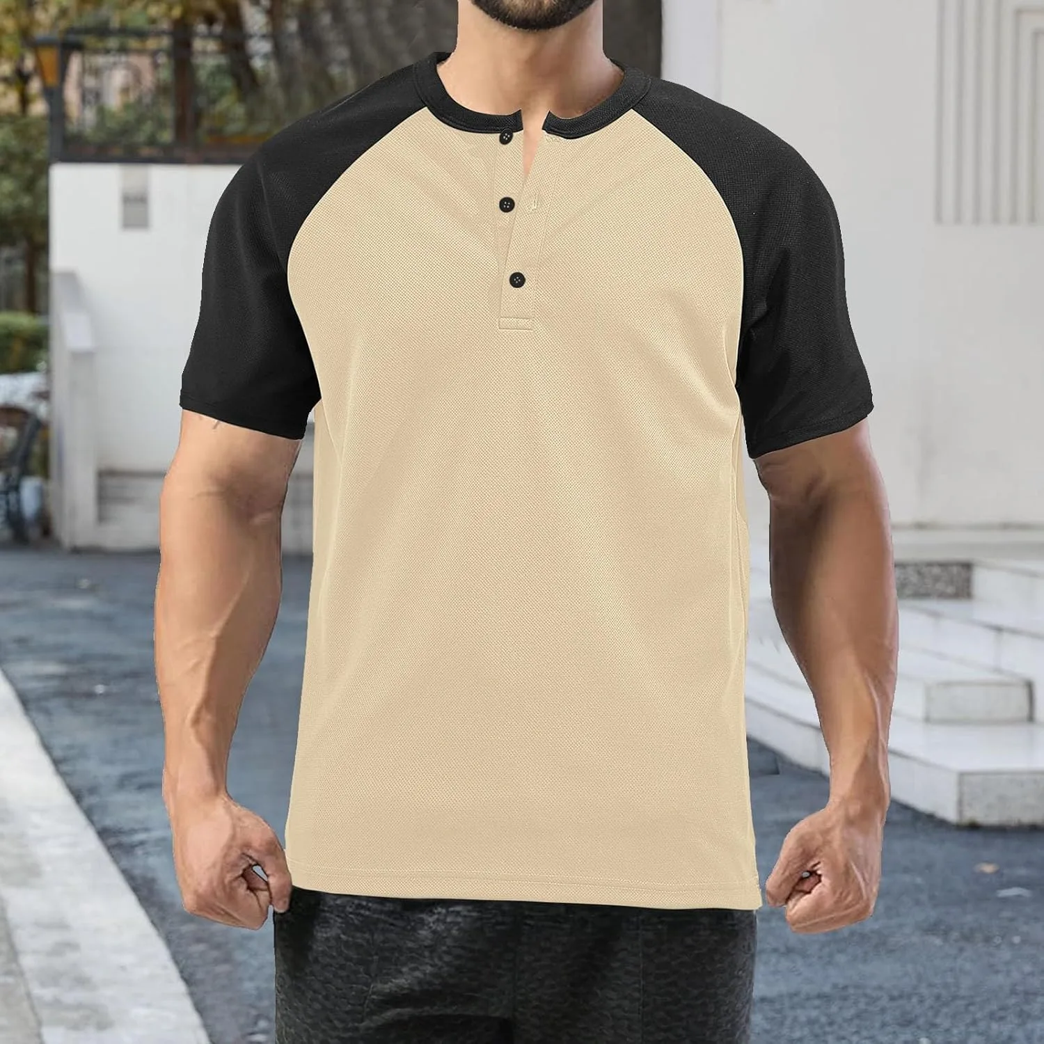 Мужская футболка с коротким рукавом Casual Trendy в европейском стиле Color Blocked с кнопками на воротнике и ананасовым принтом — фото 2