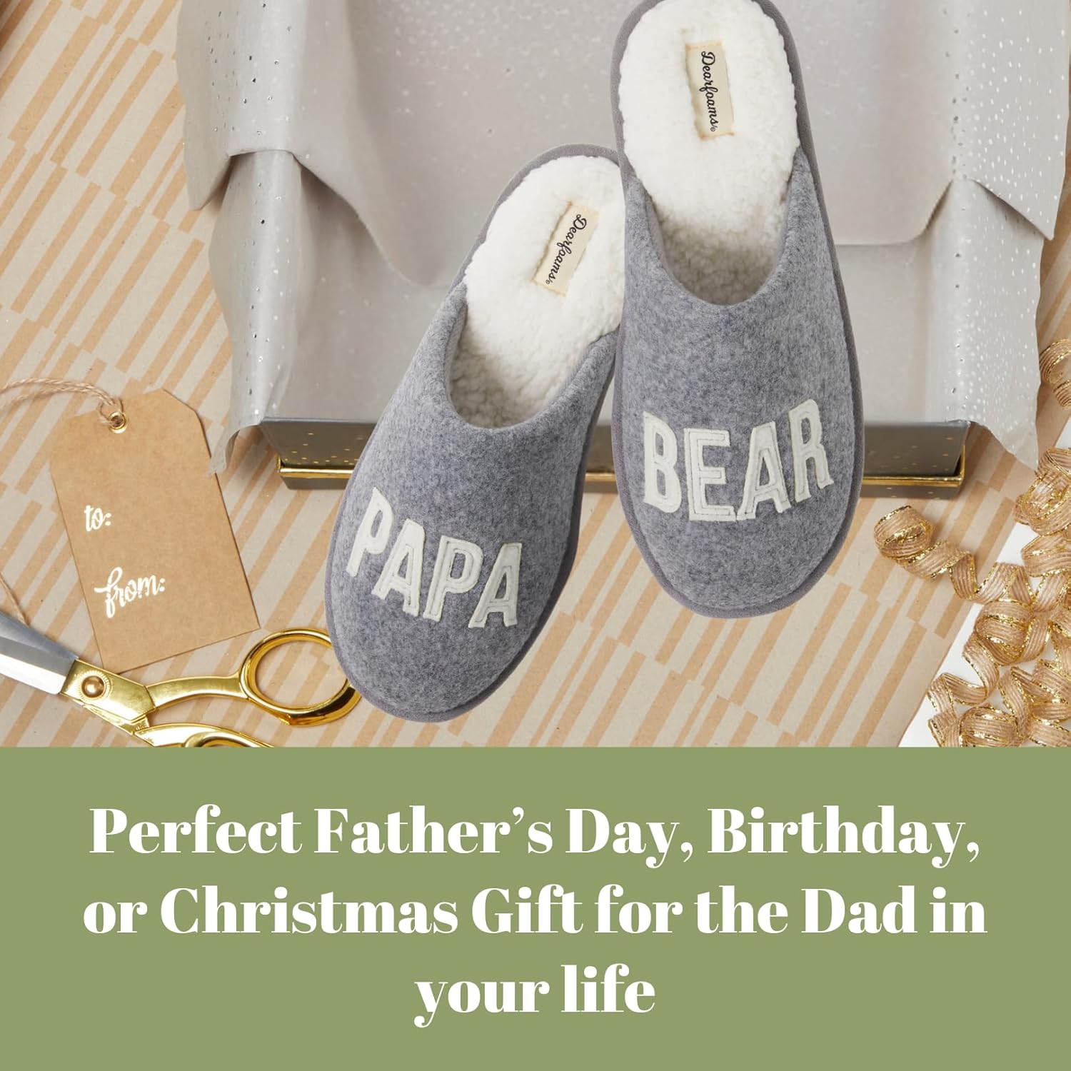 Мужские тапочки Dearfoams Matching Family Holiday Papa Bear с вышивкой, отделка шерпой, модель Moc Toe, светло-серый — фото 3