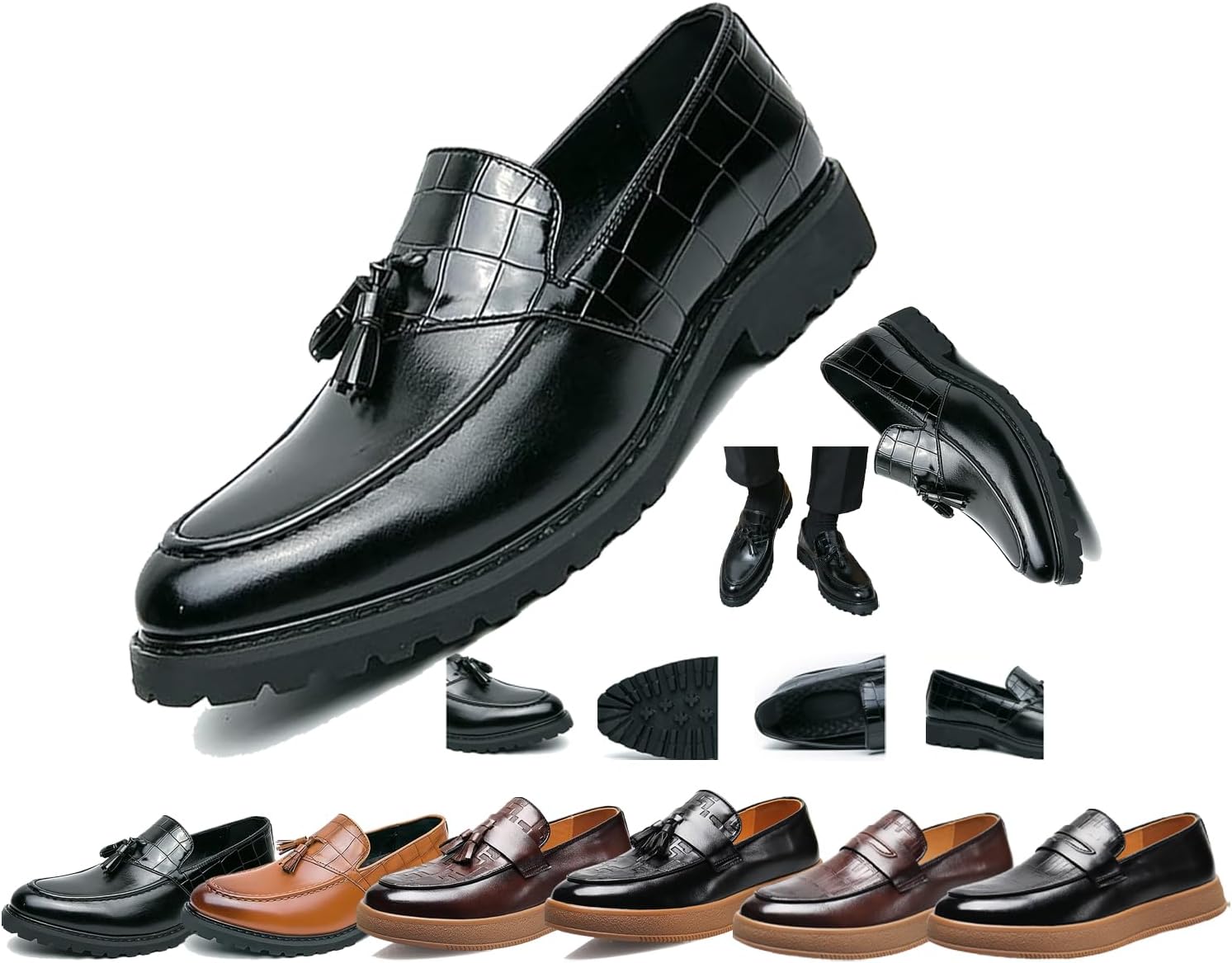 

Мужские кожаные лоферы с кисточками в клетку, ретро с круглым носком, удобные нескользящие, на плоской подошве, для свиданий, бизнеса и вечеринок Generic, черный